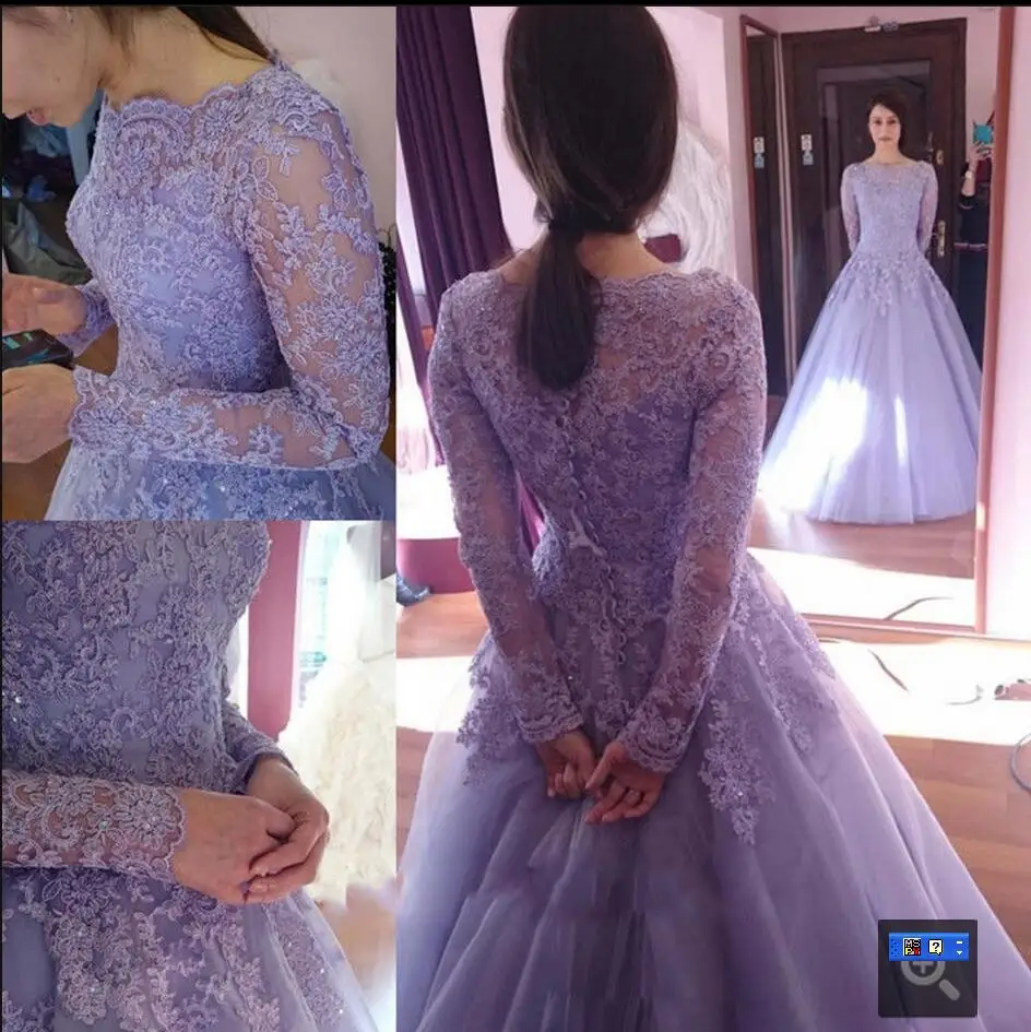 Romantic Lavender A Line Wedding Dresses Long Sleeve Lace Appliques Bridal Wedding Gowns Custom Made