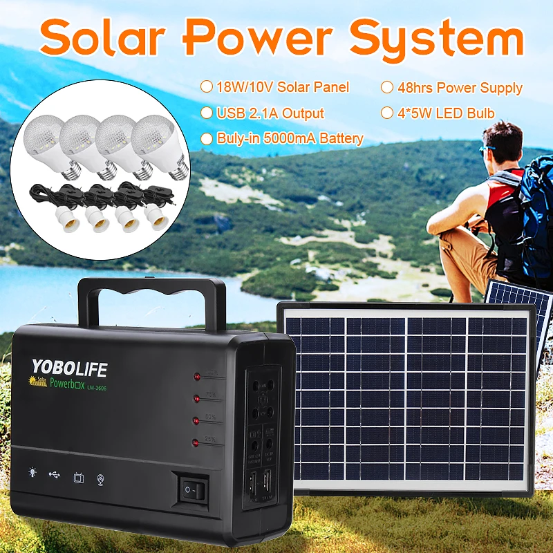 

18W Solar Panel USB Charger Power Storage Generator LED Light Home System Kit Rechargeable Sealed Lead-acid Battery ABS+PC 10V