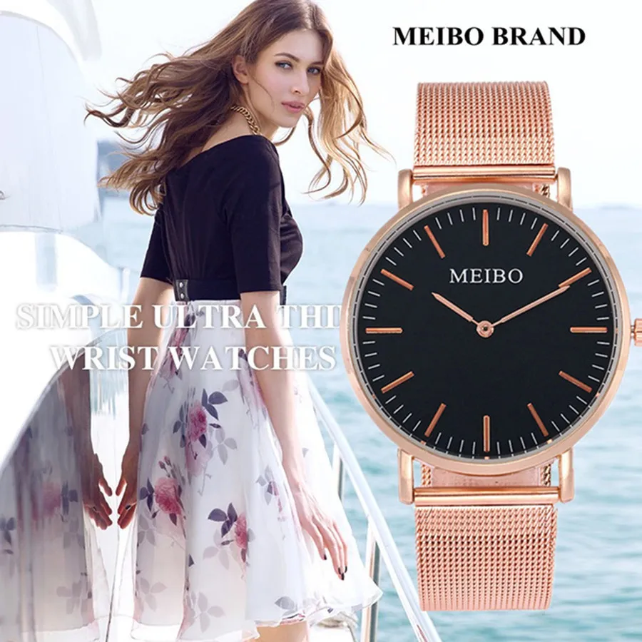 

Women Casual Watch MEIBO Brand Stainless Steel Mesh Strap Wristwatch Luxury Ultra Thin Dial Brand Quartz Watch Montre Femme