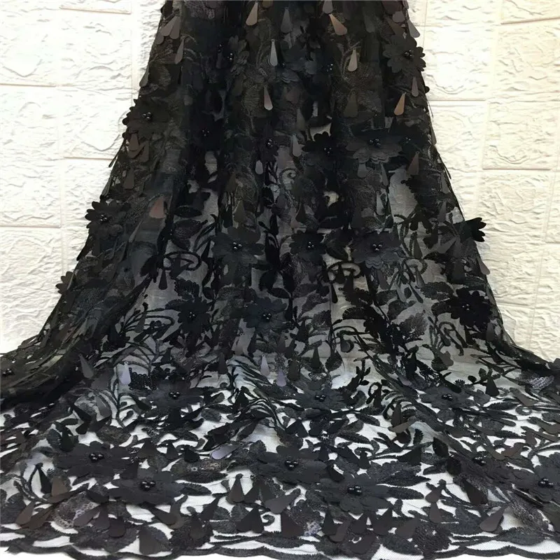 

2019 Good Quality Nigerian Lace Fabric 3d Lace Fabric Wedding Black African With Beads Nigerian French Lace Fabric HX1183-2