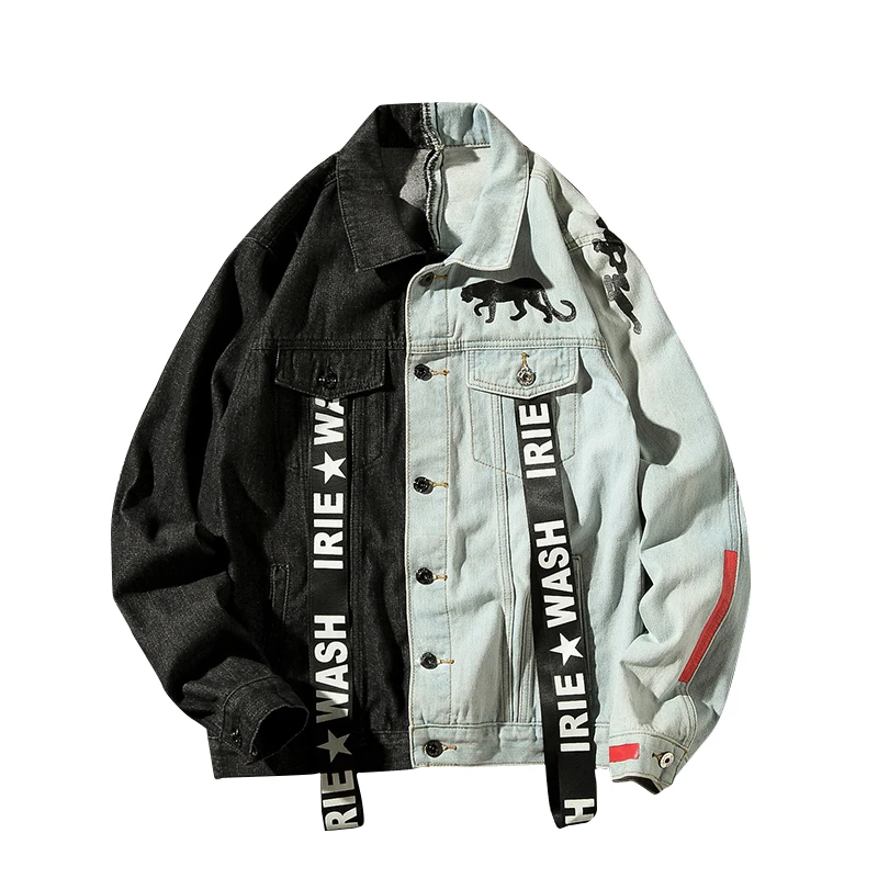 

2019 autumn new men's denim jacket patchwork denim coat color matching denim jacket plus size M-5XL