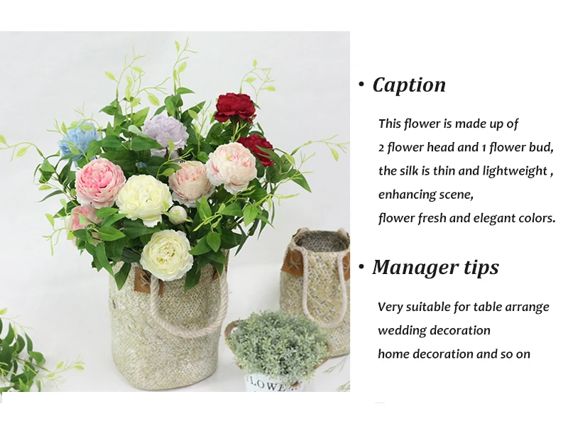 JAROWN Artificial 3 Heads Peony Flowers Branch Simulation Silk Fake Rose Flower For Wedding Decorations Home Party Decor Floers 1)