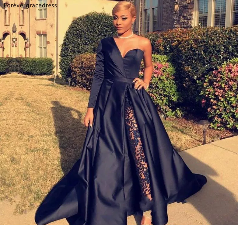 Elegant One Shoulder Long Sleeve Prom Dresses A Line Navy Blue Front Split Evening Party Gowns Jumpsuit Celebrity Dresses BC0282  145