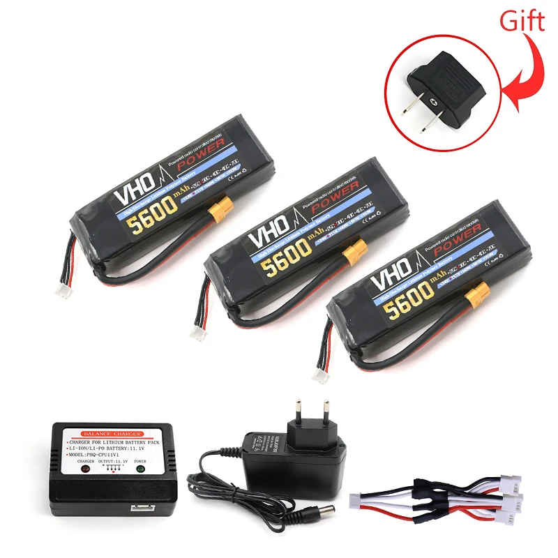 

VHO 3PCS Power Lipo Battery 11.1V 5600mAh 30C 3S Lipo Battery XT60/T/TRX/EC5 Plug and EU charger For RC Model