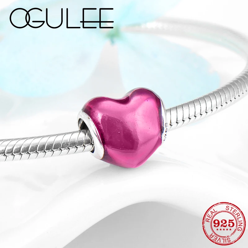 

Authentic 925 Sterling Silver Rose Pink Heart fine Enamel beads Fit Original Pandora Charms Bracelets making