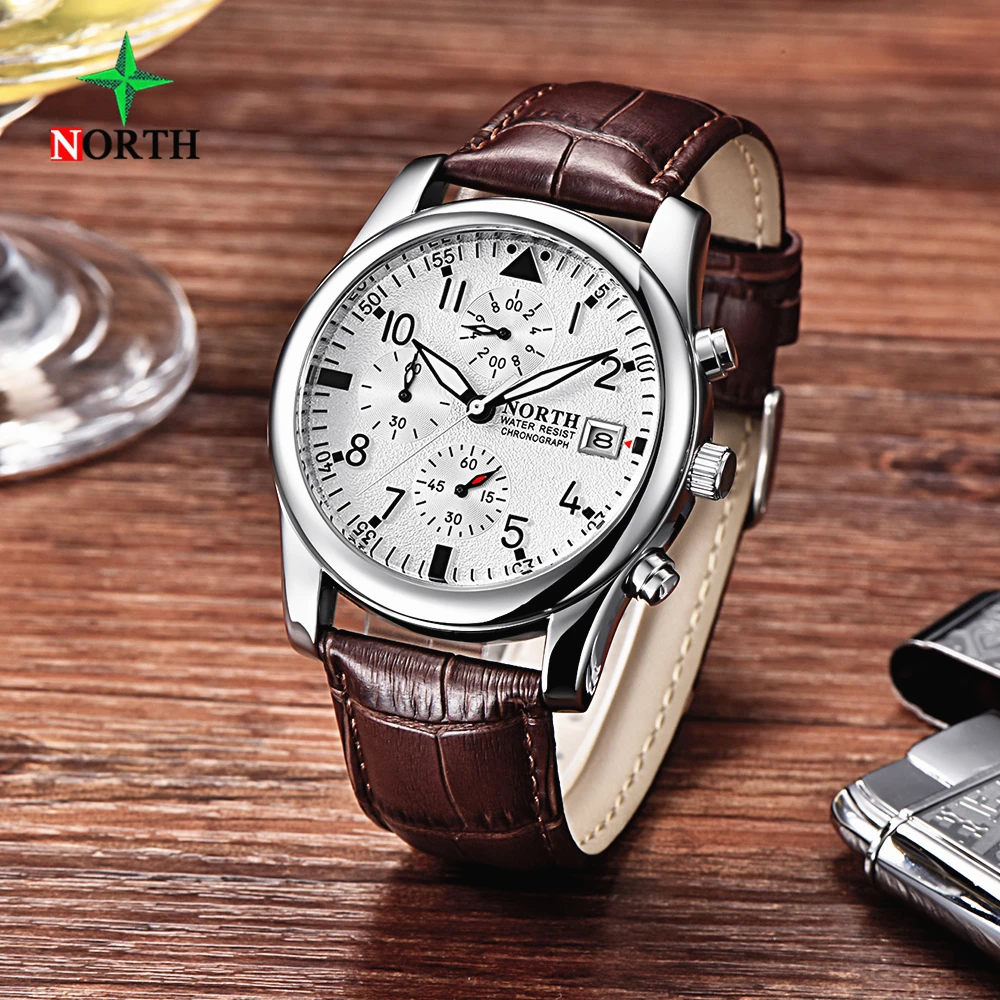 

NORTH Mens Watches Top Brand Luxury Stainless steel Quartz Watch Leather Waterproof Men's Sports Watch Business wristwatch Men