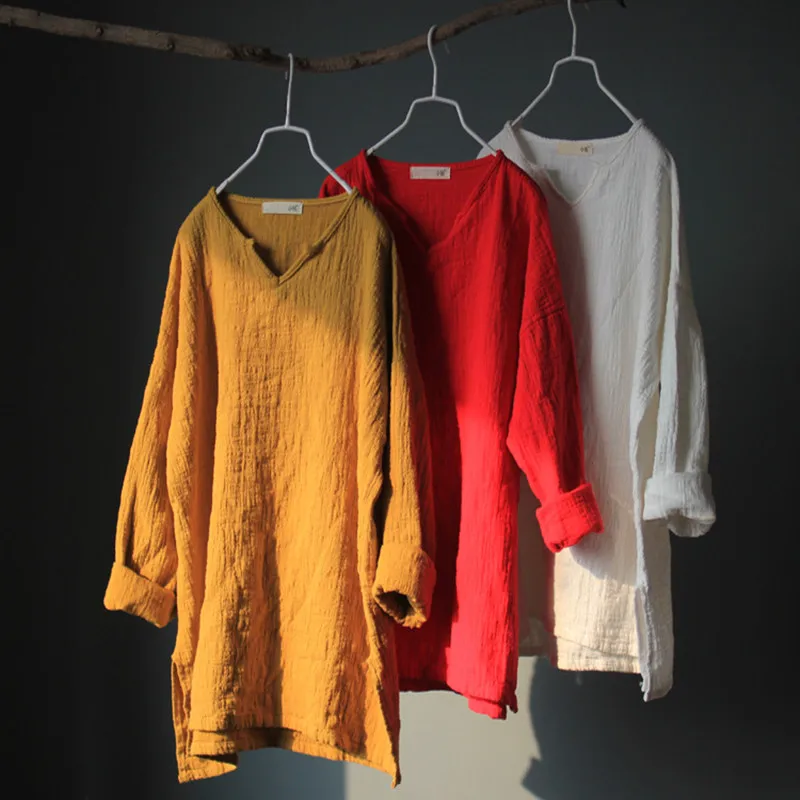 

Blusen Women 2018 Spring Fall New Linen Shirt Women Solid Color Vintage Blouse Pullover Long Sleeve Lapel Loose Plus Size Shirt