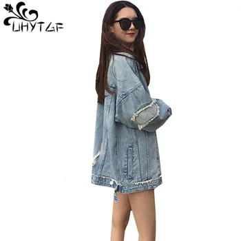 

UHYTGF Autumn Womens Jacket Retro Denim Coats Lapel Long sleeve Jacket Ladies Spliced Jeans Jacket Top Plus size Outerwear 747