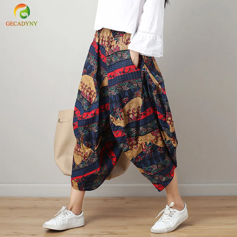 

Summer Large Size Women Striped Printing Linen Wide Leg Pants Harem Pants Women Elegant Elastic Waist Fashion Loose Trousers