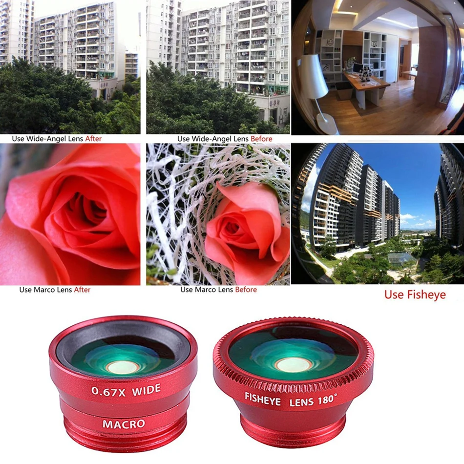 Fish eye Fisheye Wide Angle Macro lentes Phone Case 3 in 1 Lens For Samsung S6 S7 edge iPhone 6 6s 7 Plus camera lenses|3 lens|fisheye wide angle