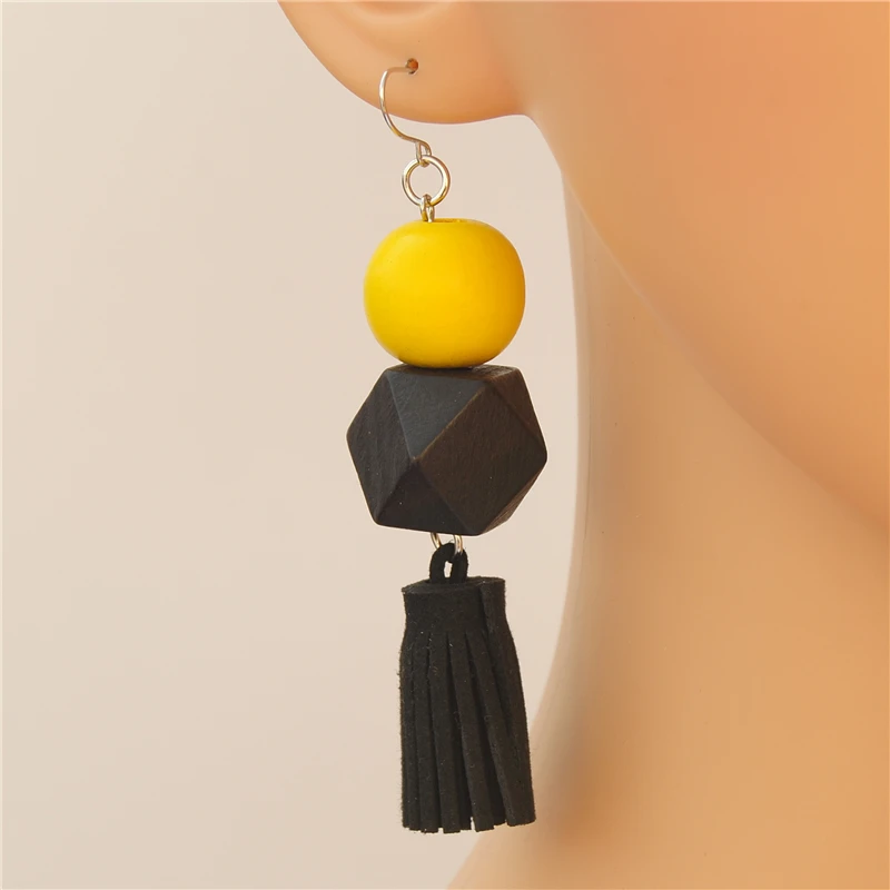 

1set(2pcs) Bohemian Wood Black Tassel Earrings For Women Charm Jewelry Simple Ball Vintage Party Earrings Wholesale