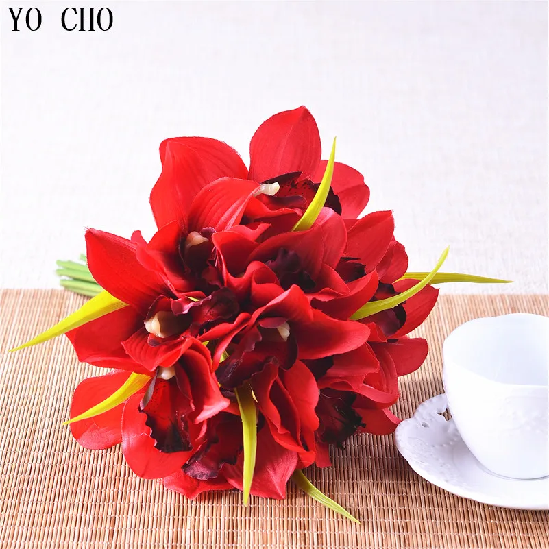 12 Teste/Bouquet Di Orchidee Di Seta Fiori Sposa Mano Fiori Cymbidium Wedding Bouquet Di Fiori Decorazione Della Casa Fiori Artificiali