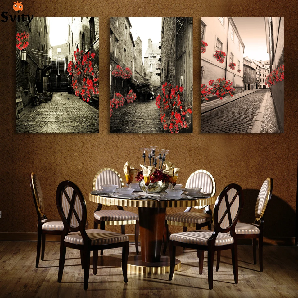 

Giveaways wall sticker 3 Pcs/Set Vintage Painting Canvas Wall Art Canvas Print Building red rose flower Picture