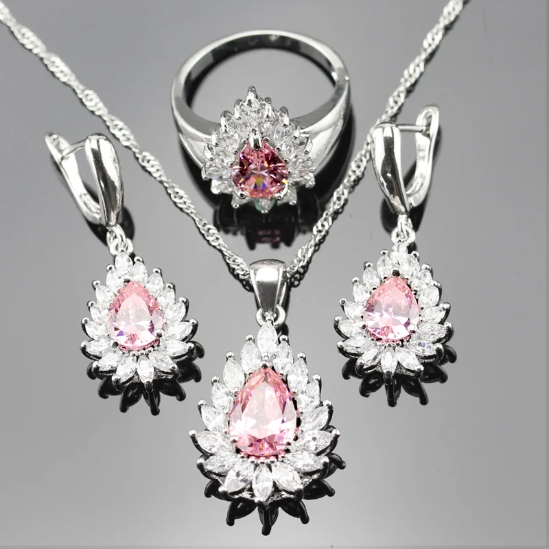 Hot Selling Pink Crystal Wedding Jewelry Sets For Women Silver Color