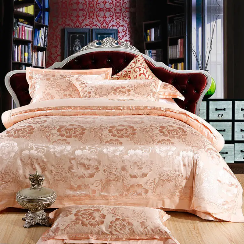 Waliicorners Comfy Bedding Froral Jacquard Satin and cotton King Queen size 4-pieces Bedding Set Luxury, Gray Golden Bedsheet/Fitted shet set 12 232
