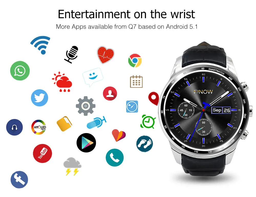 Finow Q7 плюс smart watch Android 5 1 с 0.3MP MTK6580 Ram512MB Rom8GB поддержка 3G Умные часы Wifi BT 4 0 для