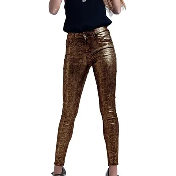 

Skinny PU Leather Pants High Elastic Fashion Sexy Gold Snake Print Faux Leather Pants Women New Spring Slim Pencil Trousers 42
