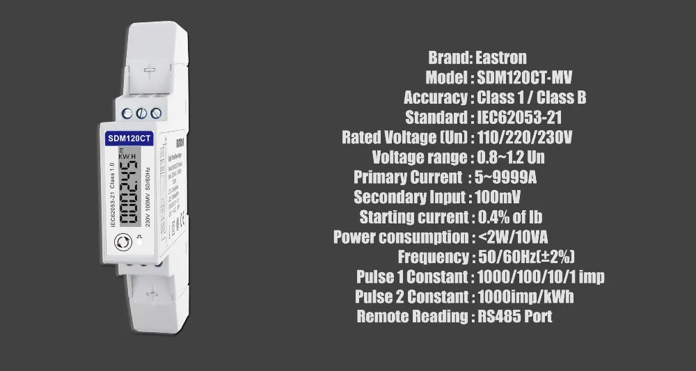 SDM120CT-MV+ ESCT-TU16 100A/0,1 V, 230 V, 1 фаза 2 провода, герметичная крышка, Импульсный/Modbus выход, измерение кВтч, V, A, P, F, PF и т. Д