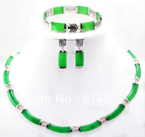 

hot sell new - Fast SHIPPINGBeautiful AAA natural green jade silver necklace bracelet earring Jewellery set (A0511)