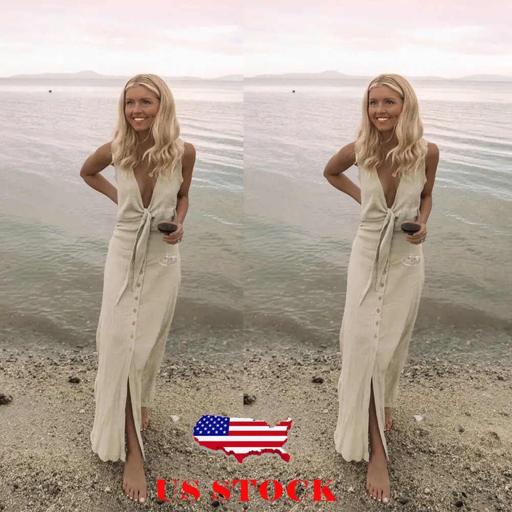 

Summer Women Dress Casual Deep V neck Sleeveless Tie Front Dress Evening Party Dress Elegant