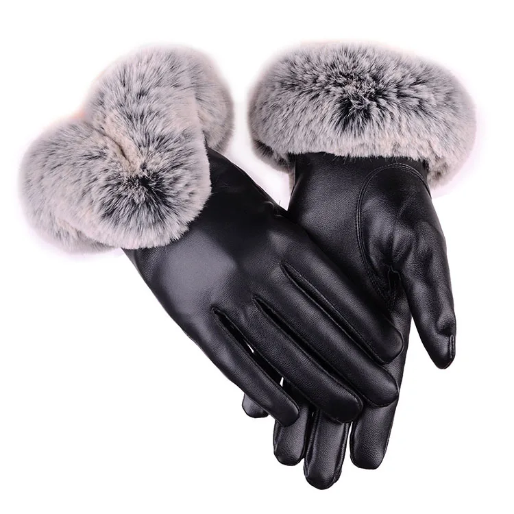 

1 Pair 2018 Warm Elegant Faux Rabbit Fur PU Leather Gloves For Winter Gloves Brand Mitten Women Gloves
