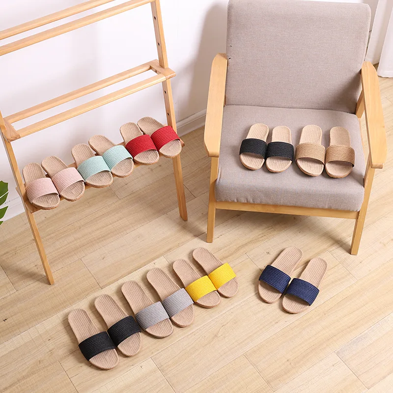 

New Men & Women Linen Slippers Solid Hemp Flip Flops Flat Non-slip Sandals Home Slippers