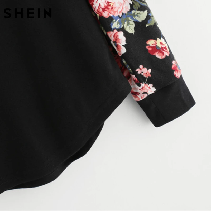 SHEIN Floral Raglan Sleeve Curved Hem Womens Tee Shirts Autumn Womens T shirts Casual Ladies Black Long Sleeve T shirt