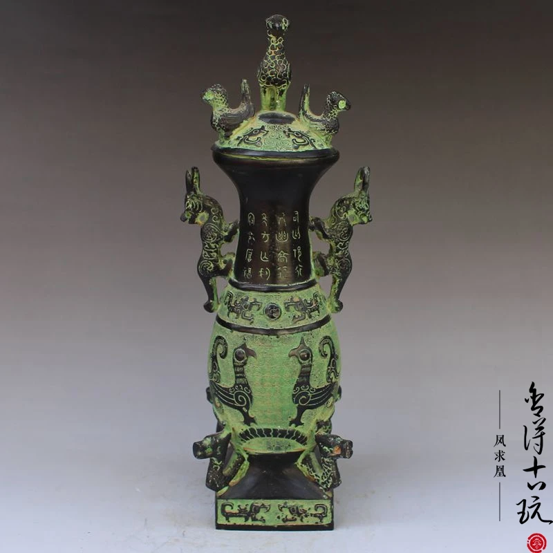 

China old Bronze statue Dragon and Phoenix four beast bottles copper statue