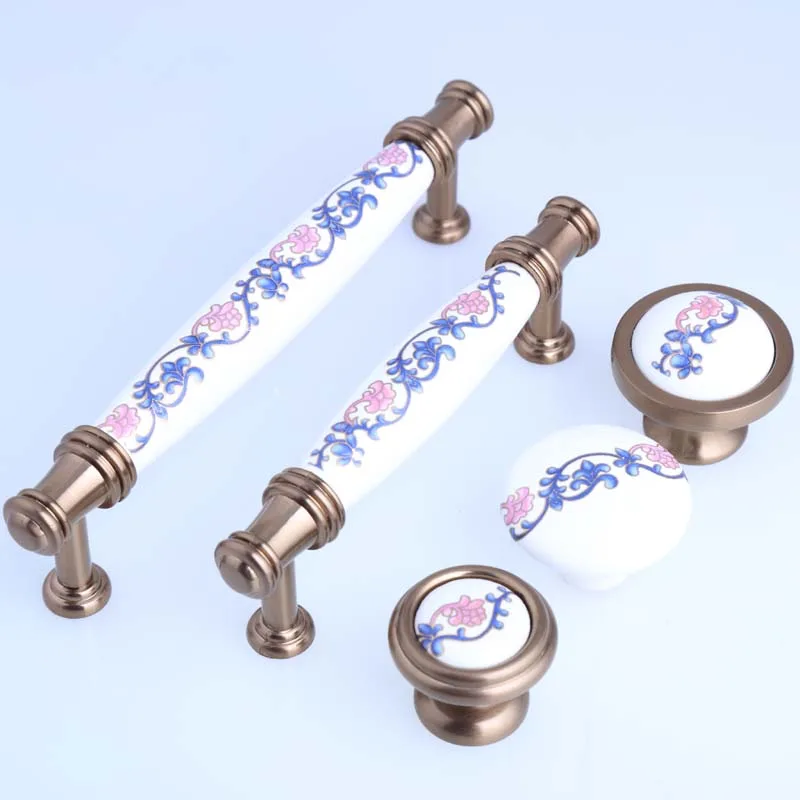 

128mm Man Teng flowers ceramic dresser wine cabinet door handles bronze rural procelain drawer watch tv table knobs pulls 5