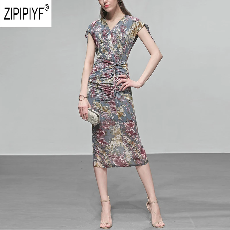 

Sexy Fashion Women Bohemian Dresses V Neck Back Slit Floral Printing Bodycon Pencil Dresses Bow Bandage Design Dresses Z1834
