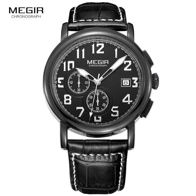 

Megir Mens Chronograph Leather Strap Quartz Wrist Watches Fashion Luminous Round Dial Black Wristwatch for Man Male 2031