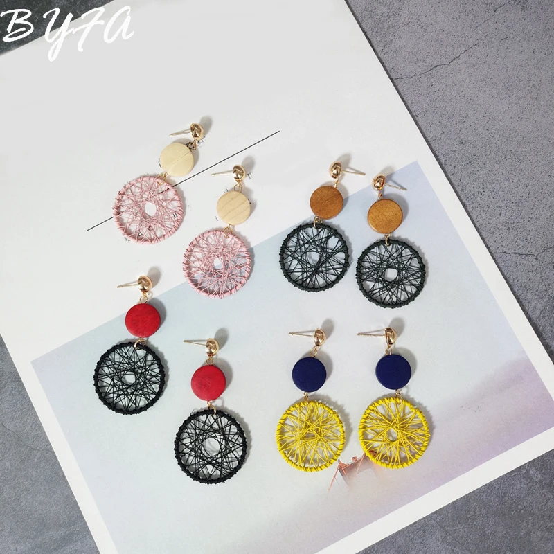 

2019 New Handmade Wooden Straw Braid Geometric Big Circle Boho Vintage Dreamcatcher Long Drop Dangle Earrings for Women Girls