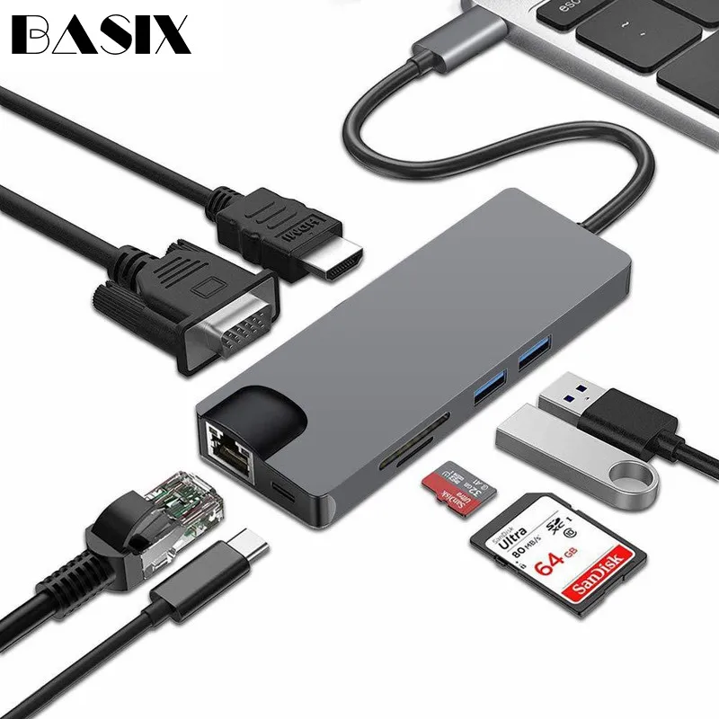 

Basix USB-C Hub To 4K HDMI VGA RJ45 Gigabit Ethernet Type C HUB USB 3.0 Port SD/TF Card Reader for Macbook Pro Huawei P20 Pro