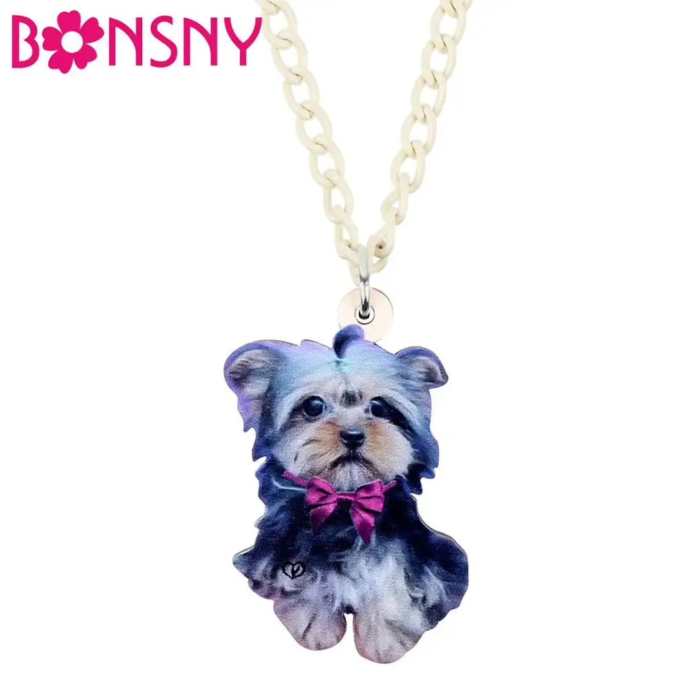 

Bonsny Acrylic Purple Tie Yorkshire Dog Pendant Necklace Chain Choker Cute Pet Jewelry For Women Girls Kids Charms Lots Gift