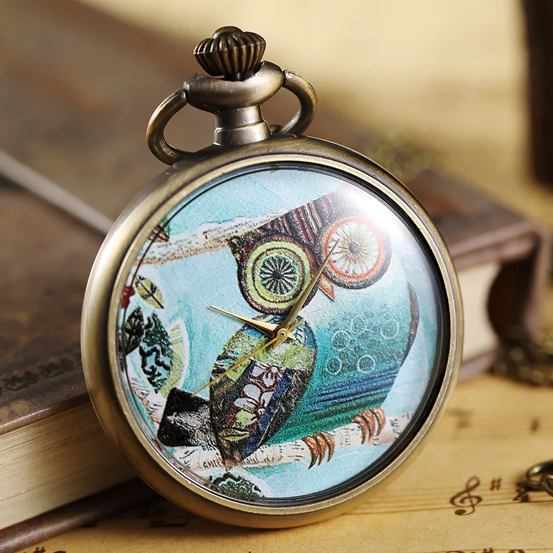 Vintage Owl Oil Painting Pocket Watch With FOB Chain Necklace Pendant