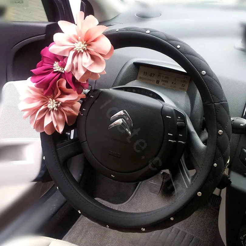 Auto-Car-Steering-Wheel-Cover-pink-Flower-Imitation-sheepskin-Diameter-38CM-Black-l2