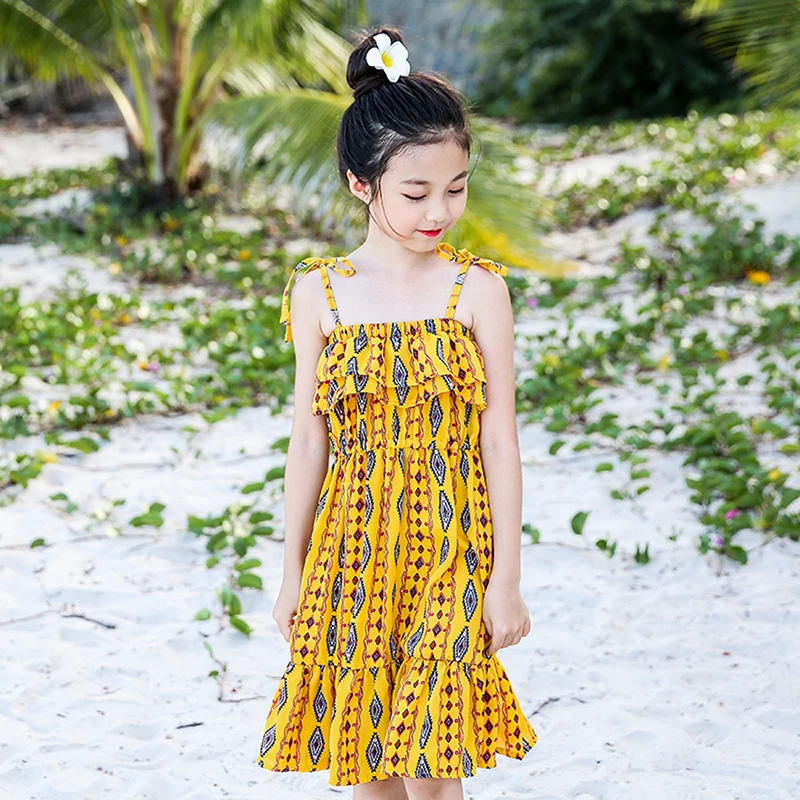 

off shoulder children dresses girls teenage with ruffles new 2018 summer mid long baby dress kids clothing yellow sundress