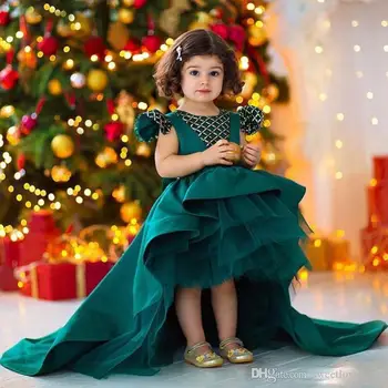 

2019 Dark Hunter Green Hi Lo Girls Pageant Dresse With Beaded Crystal Ruffle Satin Princess Girls Birthday Party Gownslx