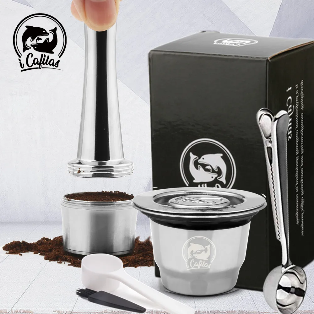 

Stainless Steel 2 in 1 Usage Reusable Crema Espresso Coffee Capsule Nespresso Filter Pods Refillable Nespresso Tamper Tool