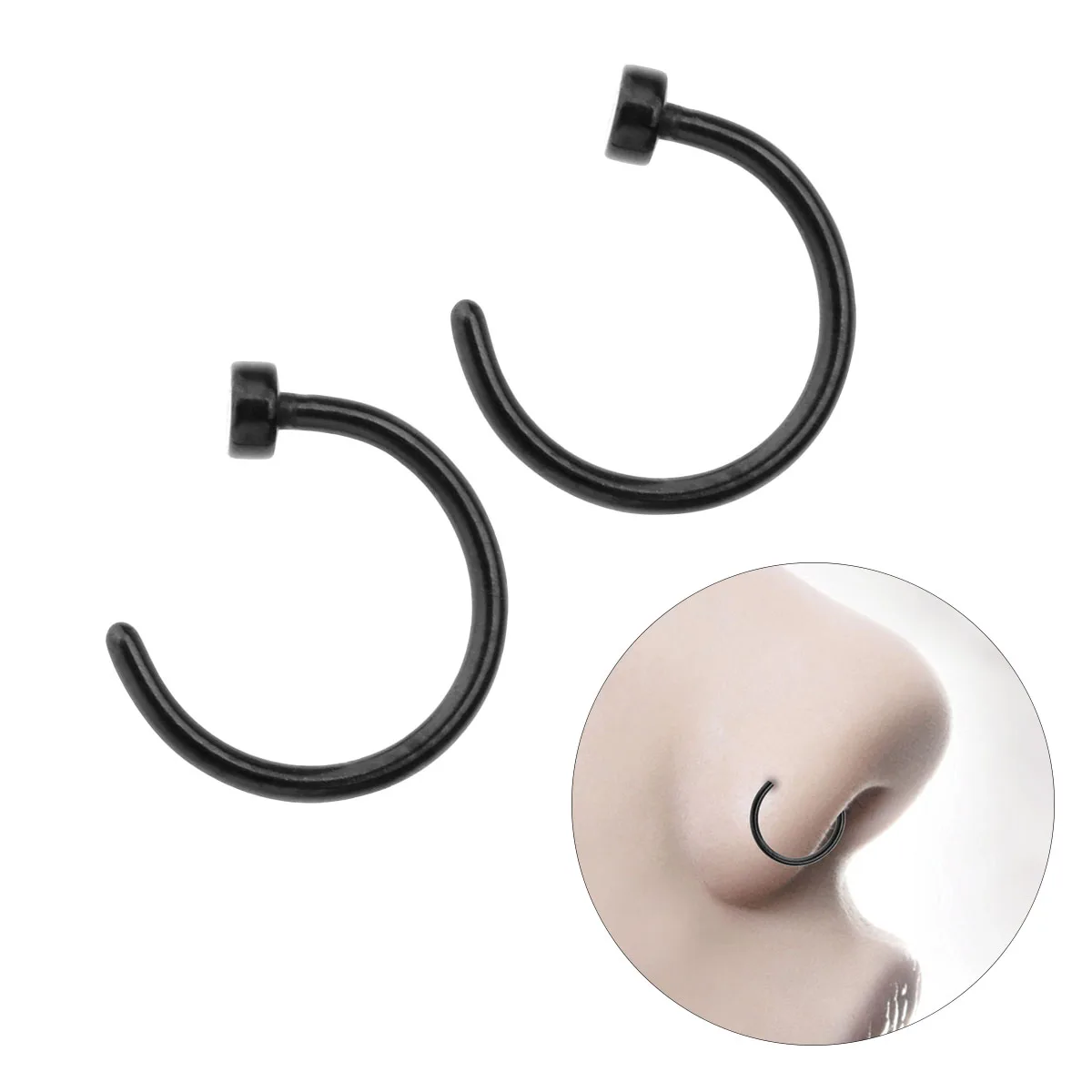 

2 pcs Unisex Surgical Titanium Steel Open Nose Ring Hoop Nose Piercing Stud 6mm (Black)