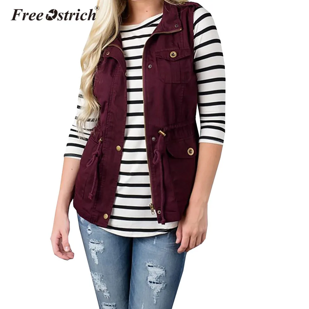 Free Ostrich Vest Women Casual Cardigan Solid Zipper Button Sleeveless Turn-down Collar Breasted Woman Coat L0140