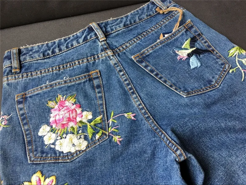 Women's three-dimensional 3D heavy process bird flower front and rear embroidery high waist Slim straight jeans large size system (29)