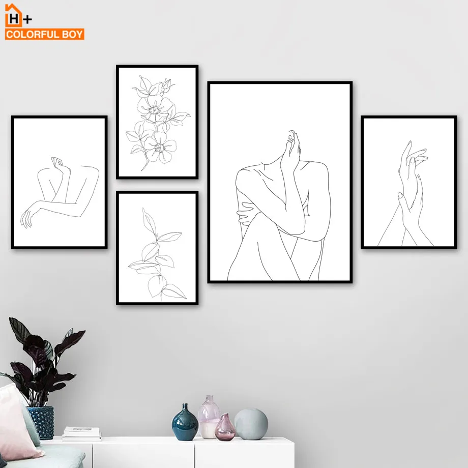 

Girl Flower Body Line Geometry Wall Art Canvas Painting Nordic Poster And Prints Black White Wall Pictures For Living Room Decor
