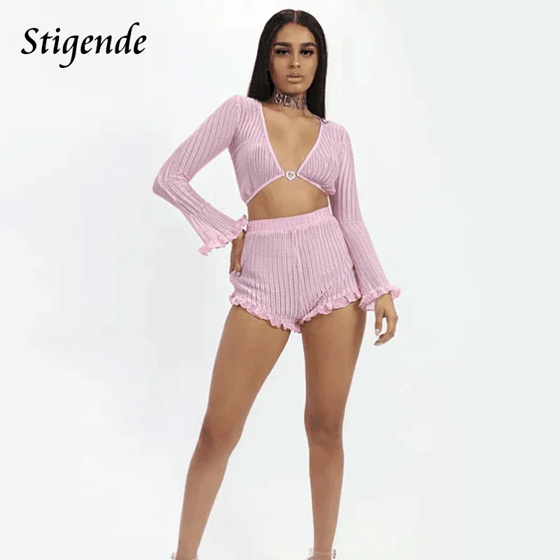 Stigende طويلة الأكمام الشيفون الكشكشة اثنين من قطعة مجموعة النساء الصيف المحاصيل رداء علوي (توب) مع سروال قصير 2 قطعة مجموعة مثير انظر من خلال حز...