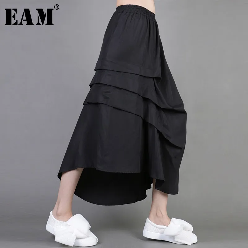 

[EAM] 2019 New Spring Black Loose Casual Pleated Asymmetric Length Elastic Waist Wild Skirt Women Fashion Tide LA809