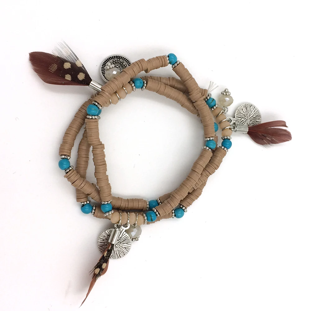 New European Boho Jewelry Suppliers handcrafted bracelet Polymer clay beaded bracelets feather tassel coin charm bracelets