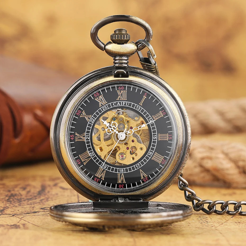 Top Luxury Mechanical Hand Wind Pocket Watch Bronze Carving Phoniex Roman Numbers Fob Hour Men Women Pendant Gift Xmas Birthday  (9)