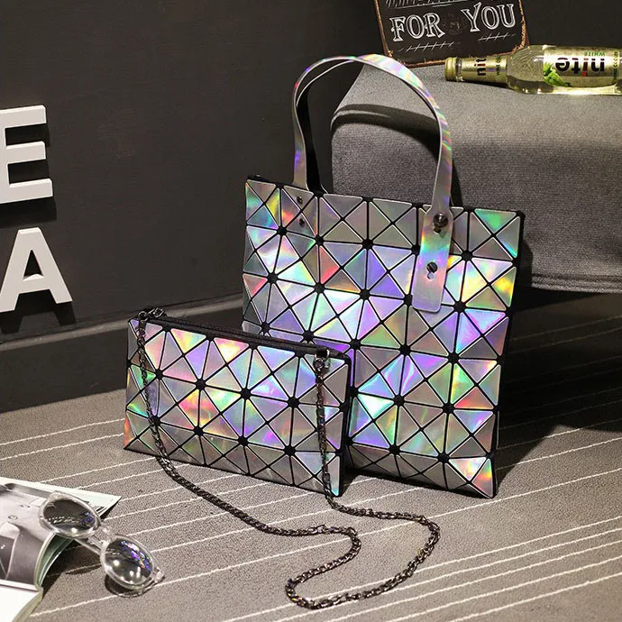 Новые женские Геометрическая Сумочка Голограмма лазерная Серебристая сумка цепь сумка 2 шт./лот Геометрия сумка большая емкость