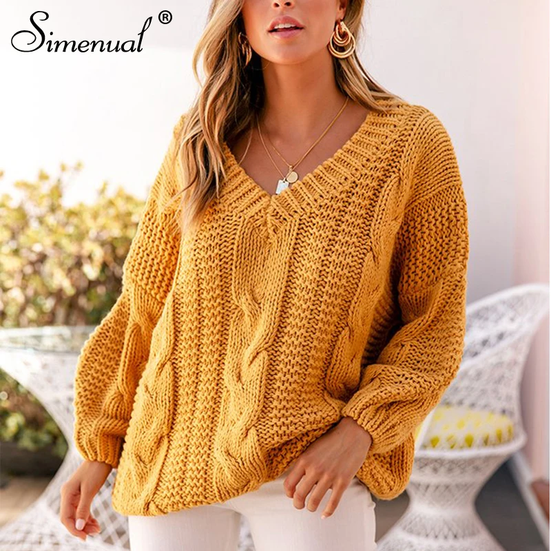 Simenual, твист, вязанные, одноцветные, женские свитера с длинным рукавом, Осень-зима, джемперы с v-образным вырезом, пуловеры, Модный повседневный базовый свитер
