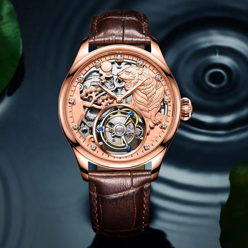 Настоящие Tourbillon, мужские часы,, Копейка, сапфир, тигр, скелет, циферблат, механический, ручная работа, ветер, кожа, мужские, Зодиак, наручные часы, 7016 г - Цвет: Rose gold